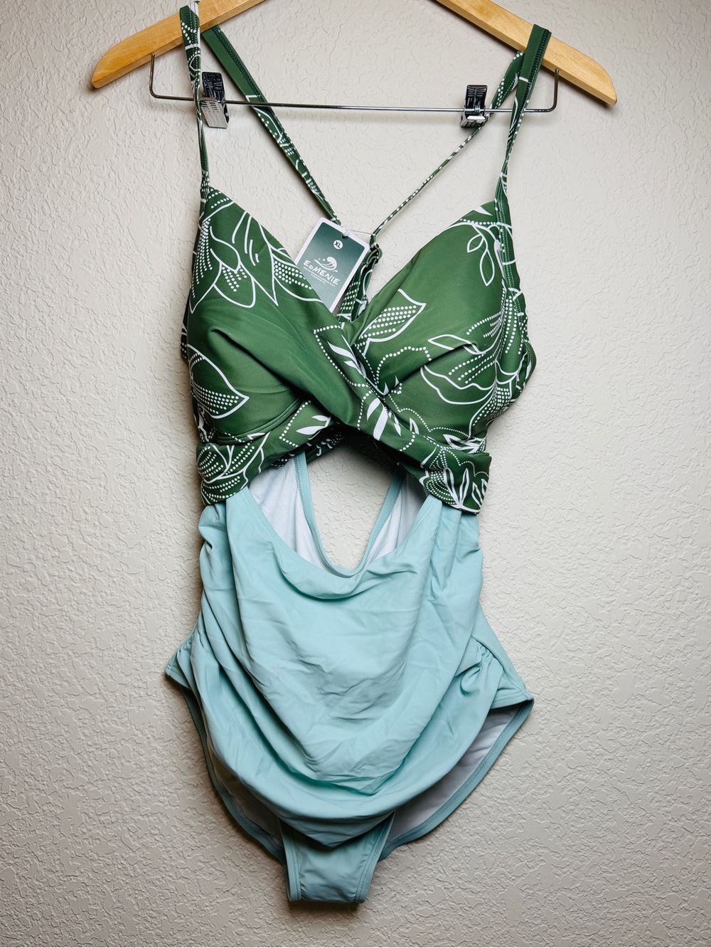 Eomenie Women’s XL One Piece Swimsuit Green Floral Cutout Ruched NWT